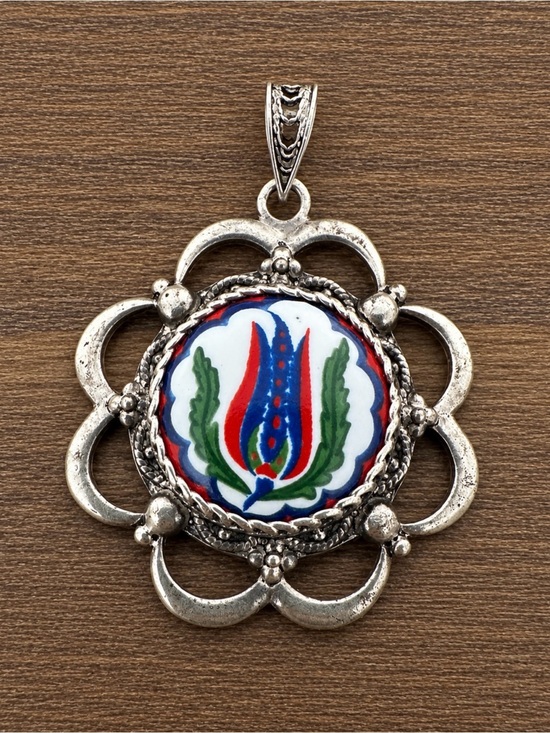 Jewelry - Vintage Sterling Silver 925 Turkish Tulip Hand Painted Ornate Pendant